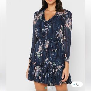 Reiss Shannon Floral Ruffled Mini Dress Navy Blue Vneck Long Sleeve Sz 4 NEW